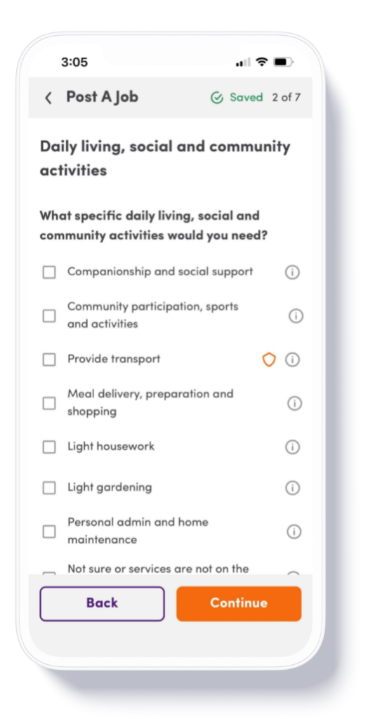 An image of a phone showing the 'Post a job' function in the Mable app. The account holder, a client, is selecting what specific daily living, social and community activities they would need. They have selected 'Community participation, sports and activities'.