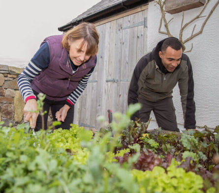 Female gardening with male home support worker
