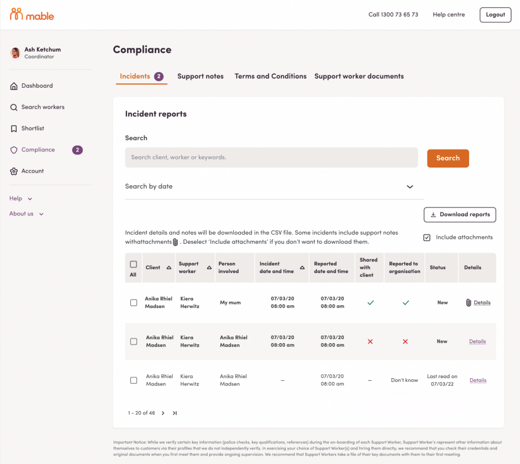 Access compliance, bulk download reports: "Download."