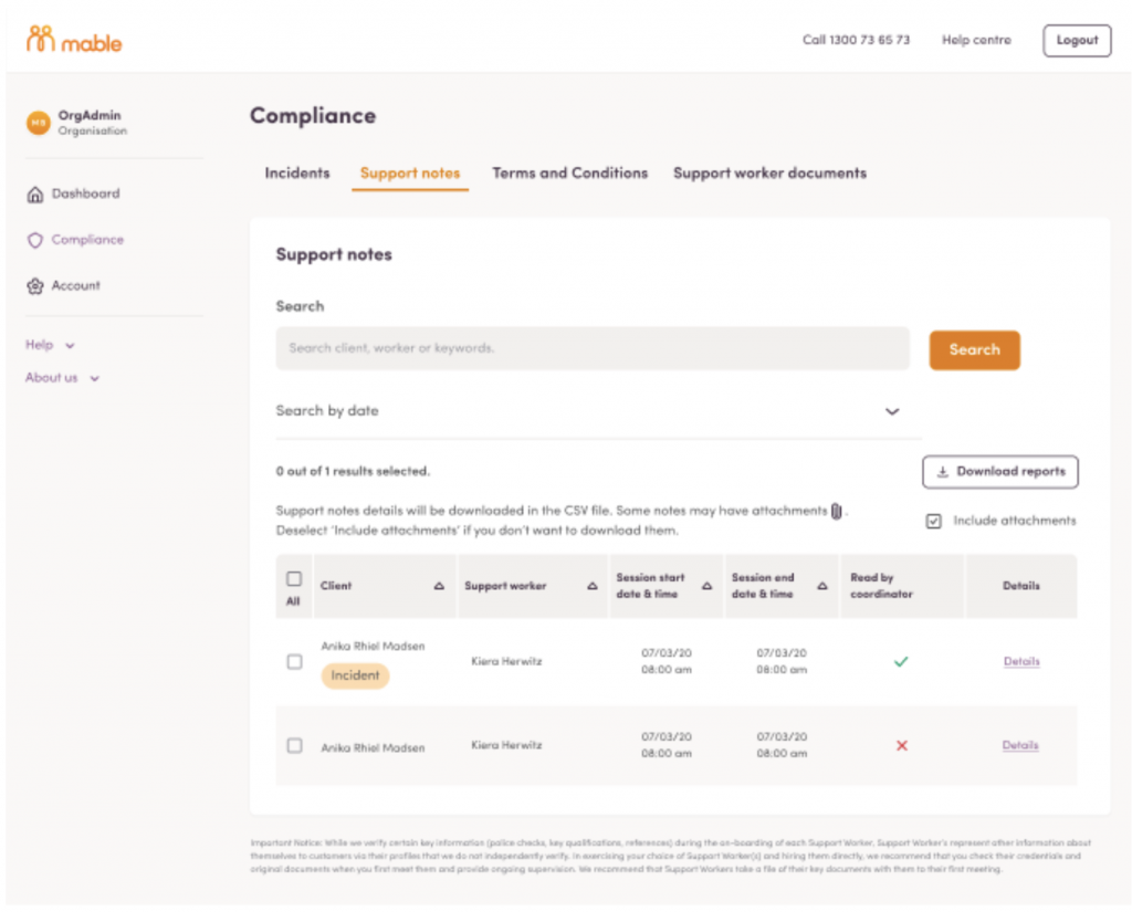 Download reports from compliance dashboard, support notes.