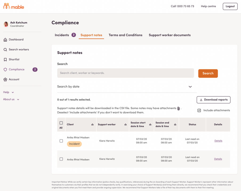 Download reports from compliance dashboard, support notes.