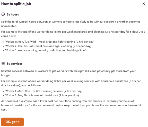 An example of how you can choose to split a job by hours or services on Mable.
