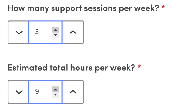 An example of how you can choose how many support sessions per week and estimated total hours per week for jobs on Mable.