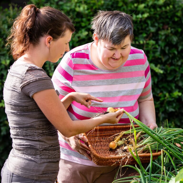 A person and their support worker gardening in the sun.
