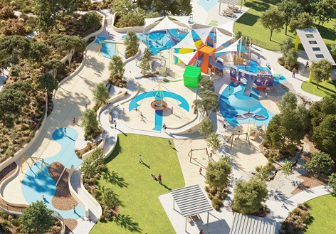 Aerial view of Shipwreck park including water play and slides