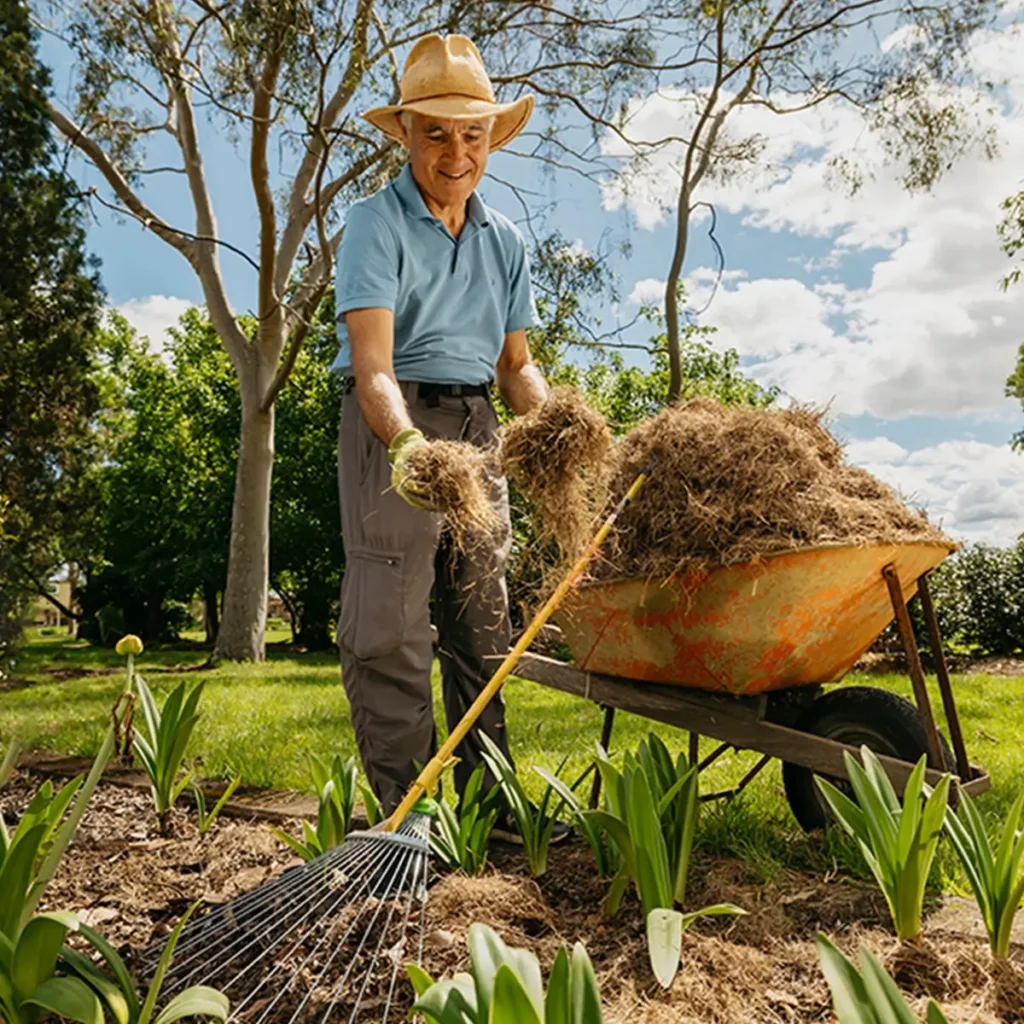 Support worker holds mulch while gardening in plant bed with rake and wheelbarrow.