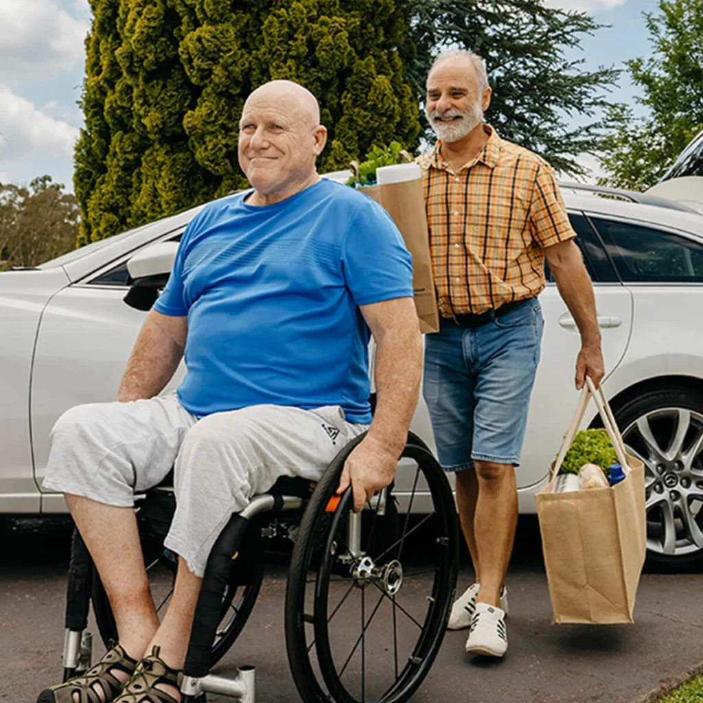 Person who is blind and paraplegic wheels up driveway with support worker following with groceries.