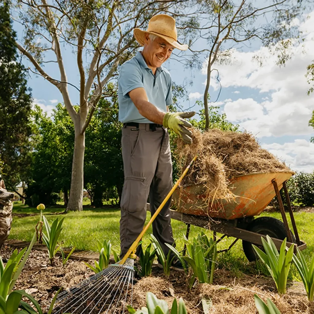 Support worker holds mulch while gardening in plant bed with rake and wheelbarrow.