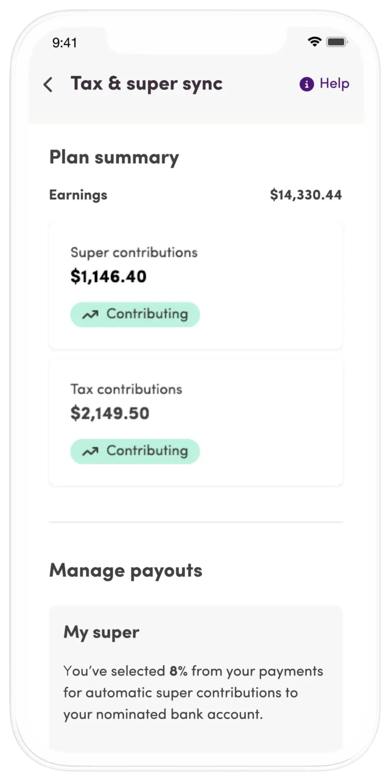 A screenshot of the Tax and Super Sync section of a Mable account.
