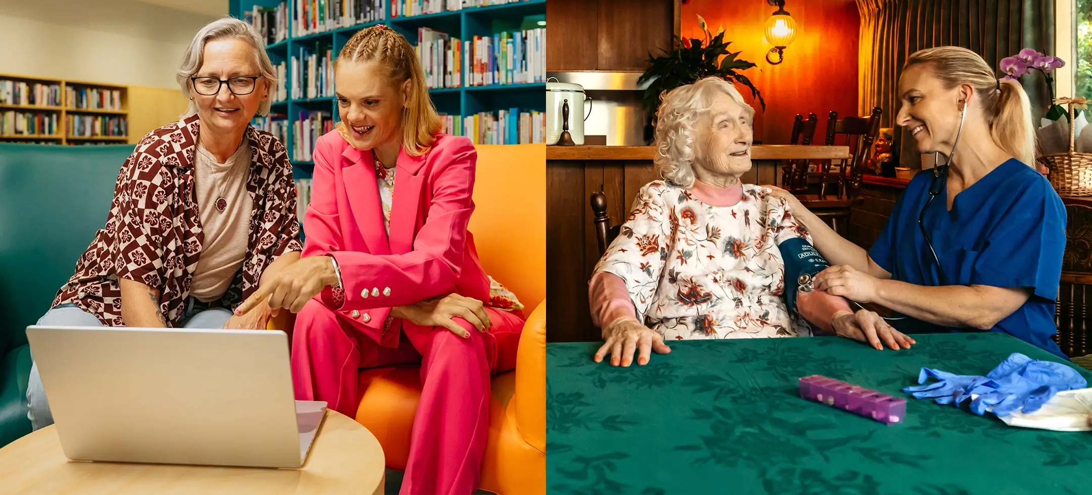 Two photographs: in one, a support coordinator and their client with disability sit at a laptop to search for support workers. In the other, a registered nurse takes a blood pressure reading for their older client.