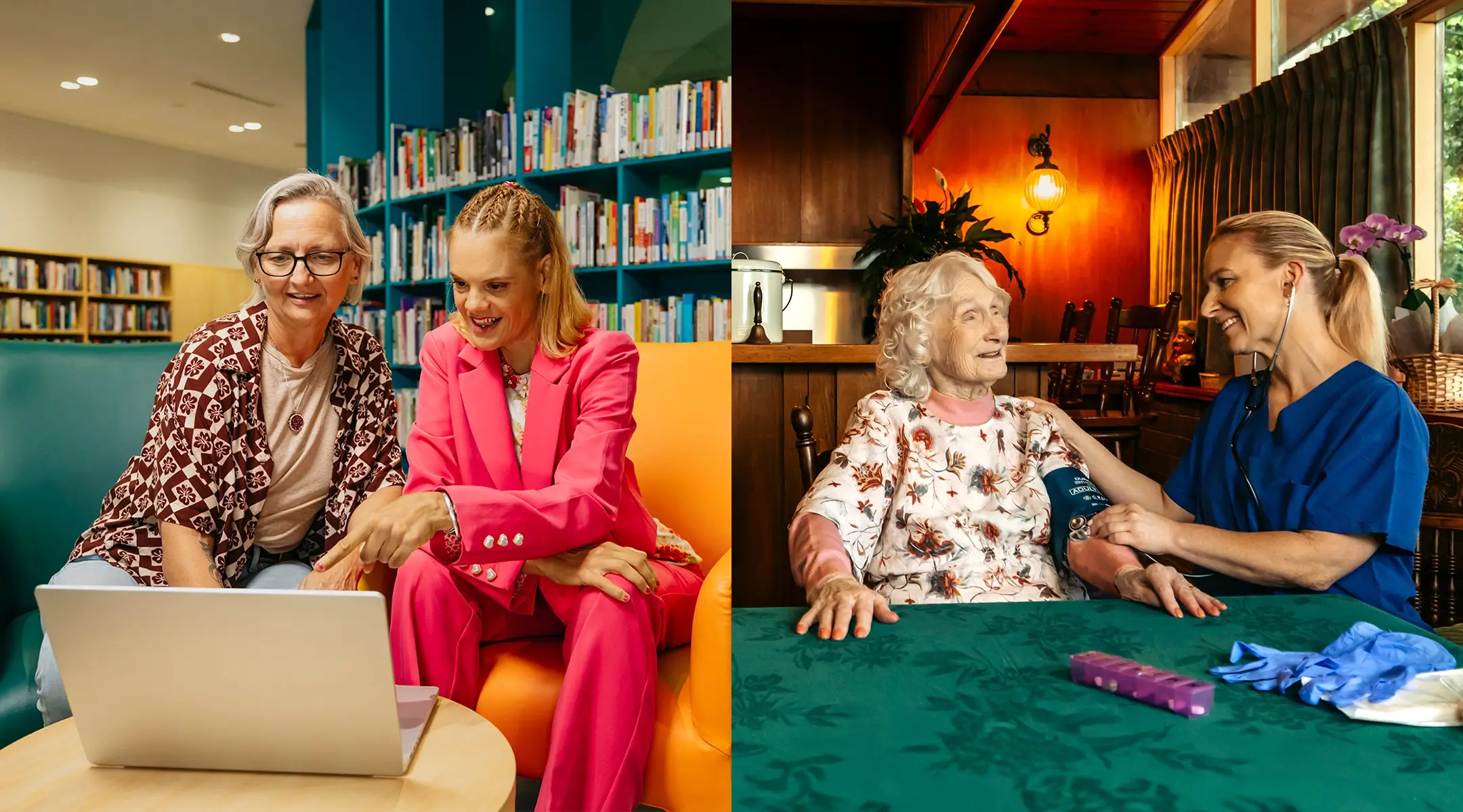 Two photographs: in one, a support coordinator and their client with disability sit at a laptop to search for support workers. In the other, a registered nurse takes a blood pressure reading for their older client.