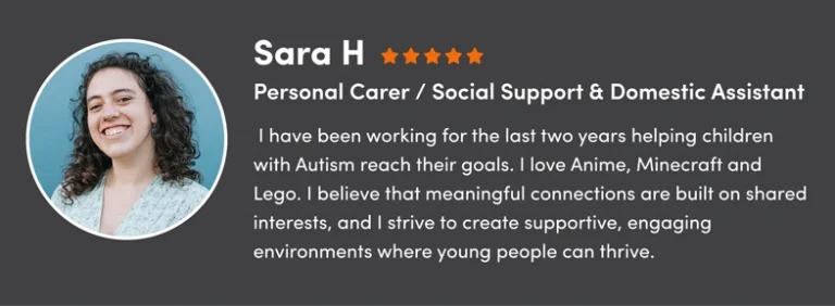 A support worker bio outlining the interests they have.