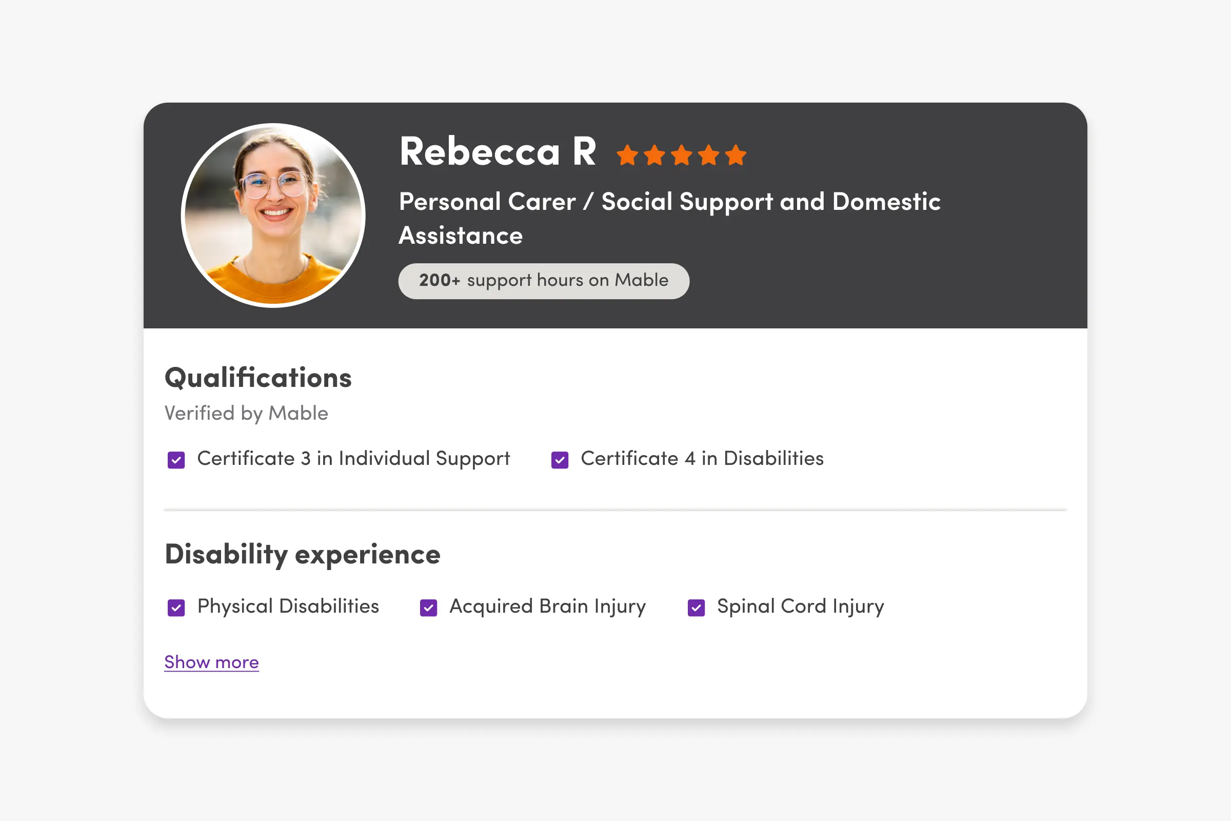 A profile card of a Mable support worker showing their qualifications and experience.