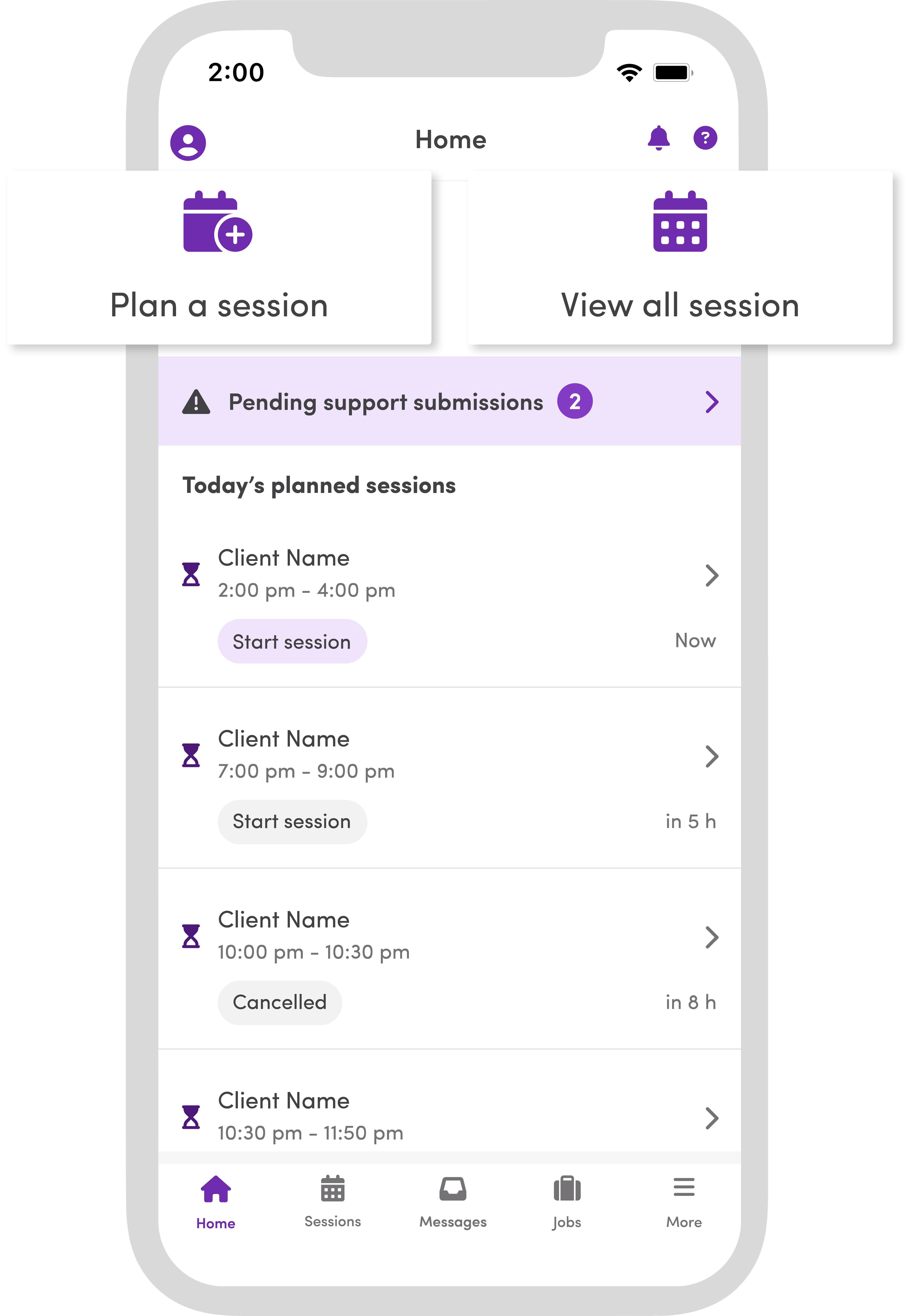 A preview of how to plan and view sessions in the Mable app.