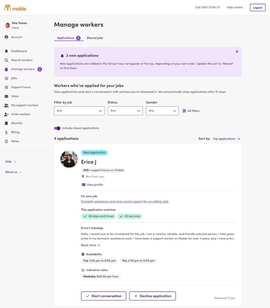 Screenshot of the Manage Workers screen of the Mable platform