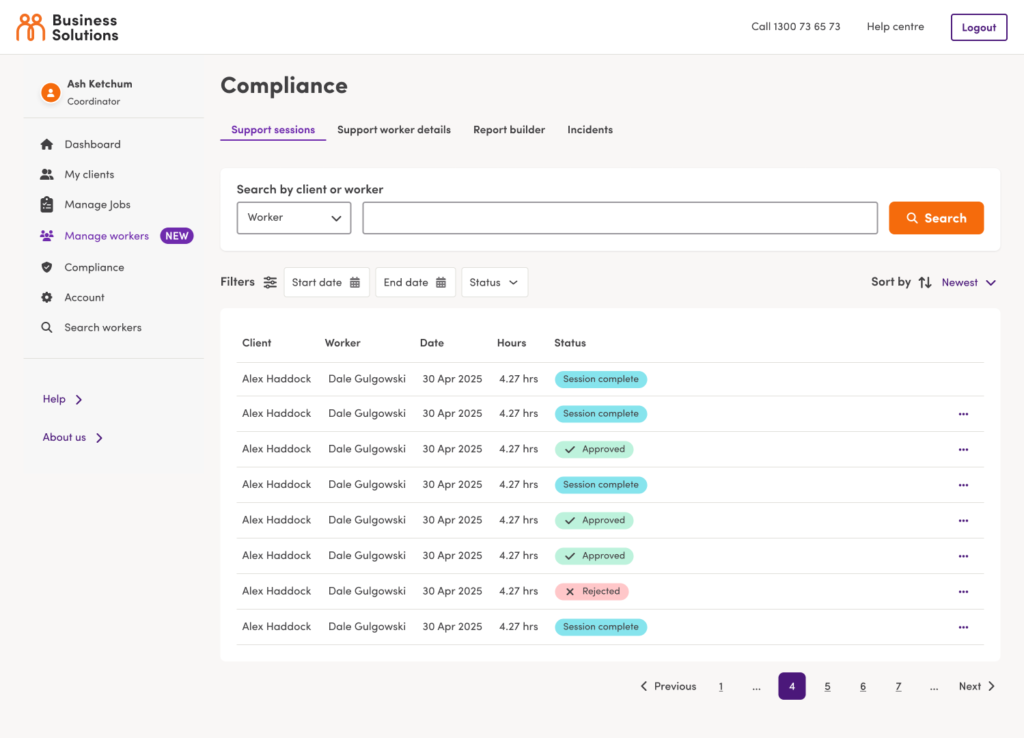 Screenshot of the support sessions page on the Mable platform.