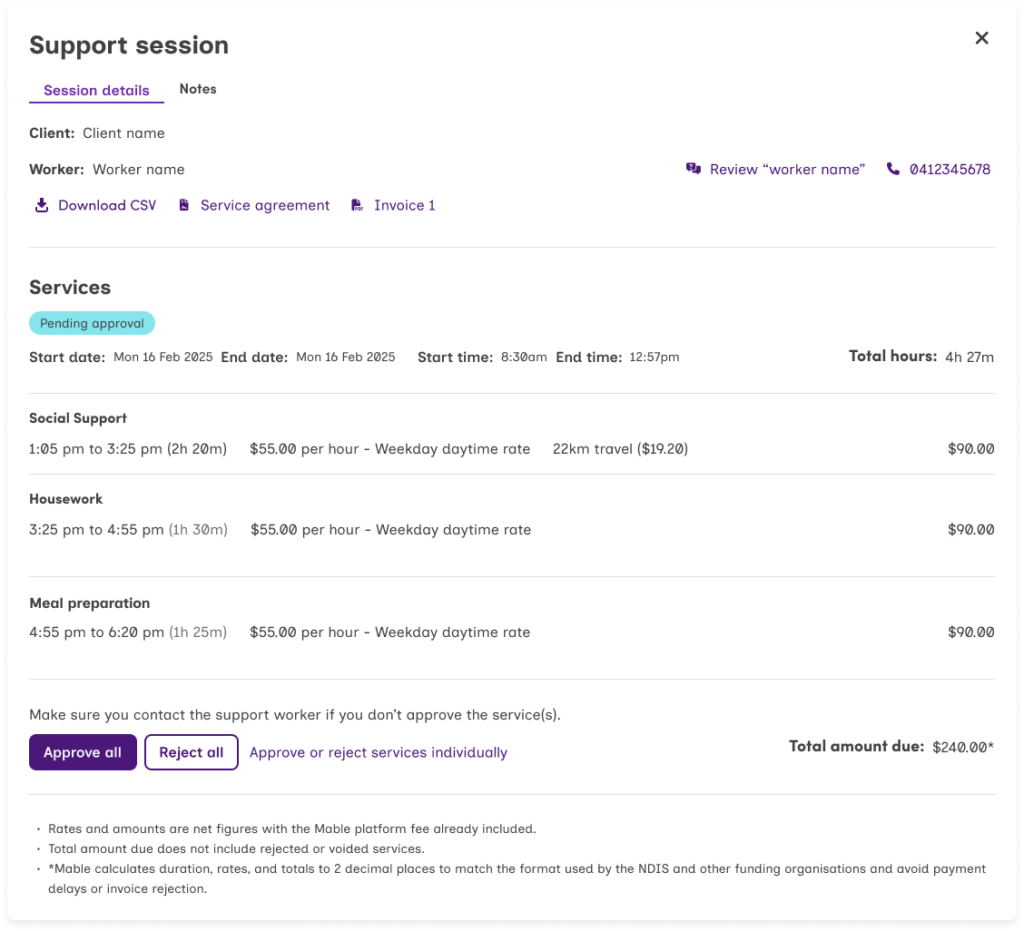 Screenshot of the support session approval page on the Mable platform.