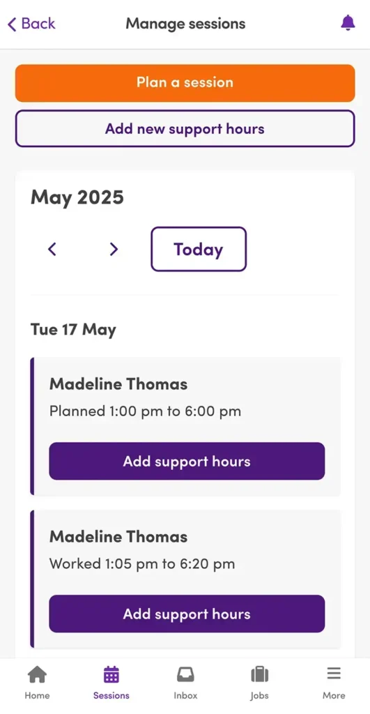 The Mable interface shows a support worker's planned sessions, allowing them to manage a session and submit support hours.