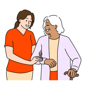 Illustration of an older woman walking with a cane and a woman supporting her by holding her other arm