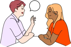 Illustration of a man and a woman talking to each other at a table