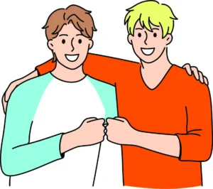 Illustration of 2 men with their arms on each other's shoulders and bumping fists