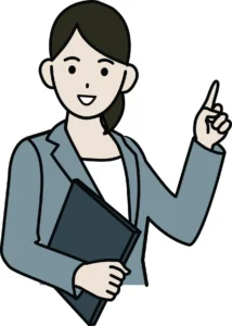 Illustration of a woman holding a work folder and pointing her index finger towards the sky