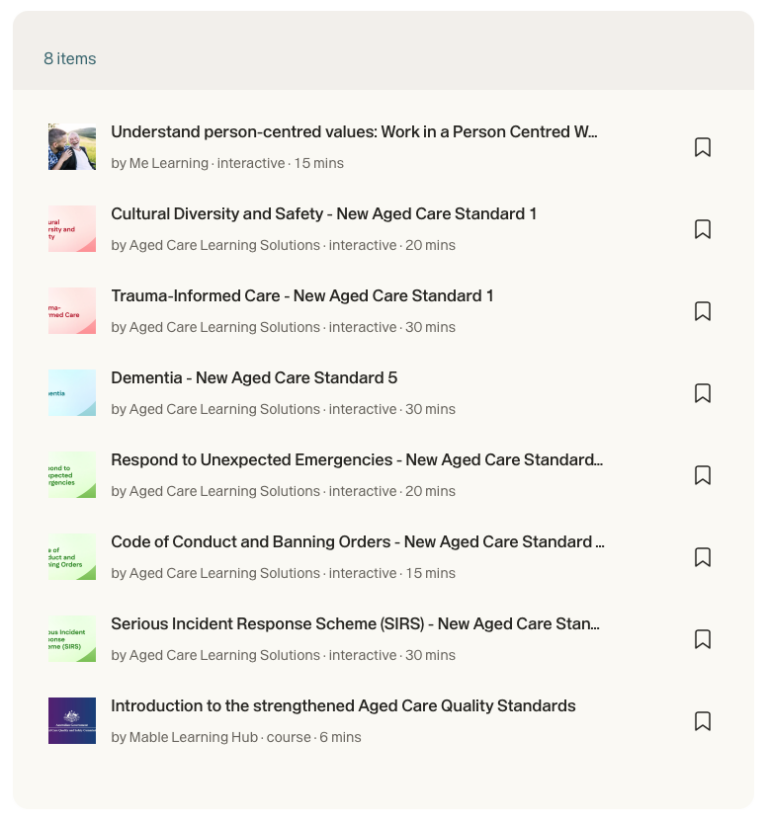 A list of modules in Mable's Aged Care Competency Training