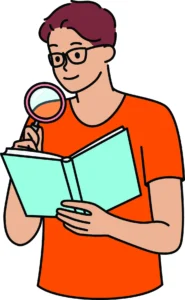 Illustration of a man using a magnifying glass to read a book