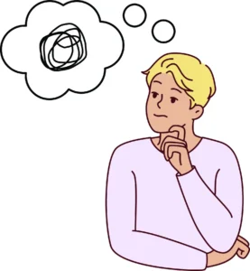 Illustration of a person with their hand on their chin while they're thinking, with a thinking bubble showing scribbles