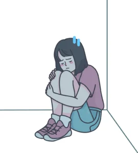 Illustration of a child hiding in a corner while upset