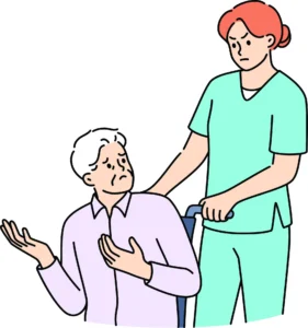 Illustration of a support worker pushing an older man in a wheelchair