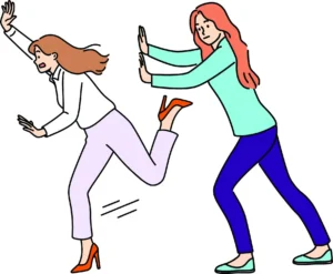 Illustration of one woman pushing another woman