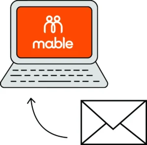 Illustration of a laptop with the Mable logo on the screen and an envelope