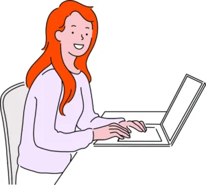 Illustration of a woman sitting at a desk with a laptop