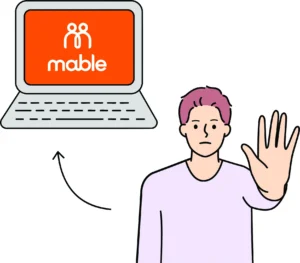 Illustration of a laptop with the Mable logo on the screen and a man in front holding his hand up to tell someone to stop