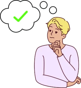 Illustration of a person with their hand on their chin while they're thinking, with a thinking bubble with a tick in it