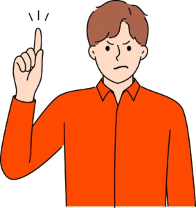 Illustration of a man with a confused look on his face, holding up his hand with his index finger pointed up