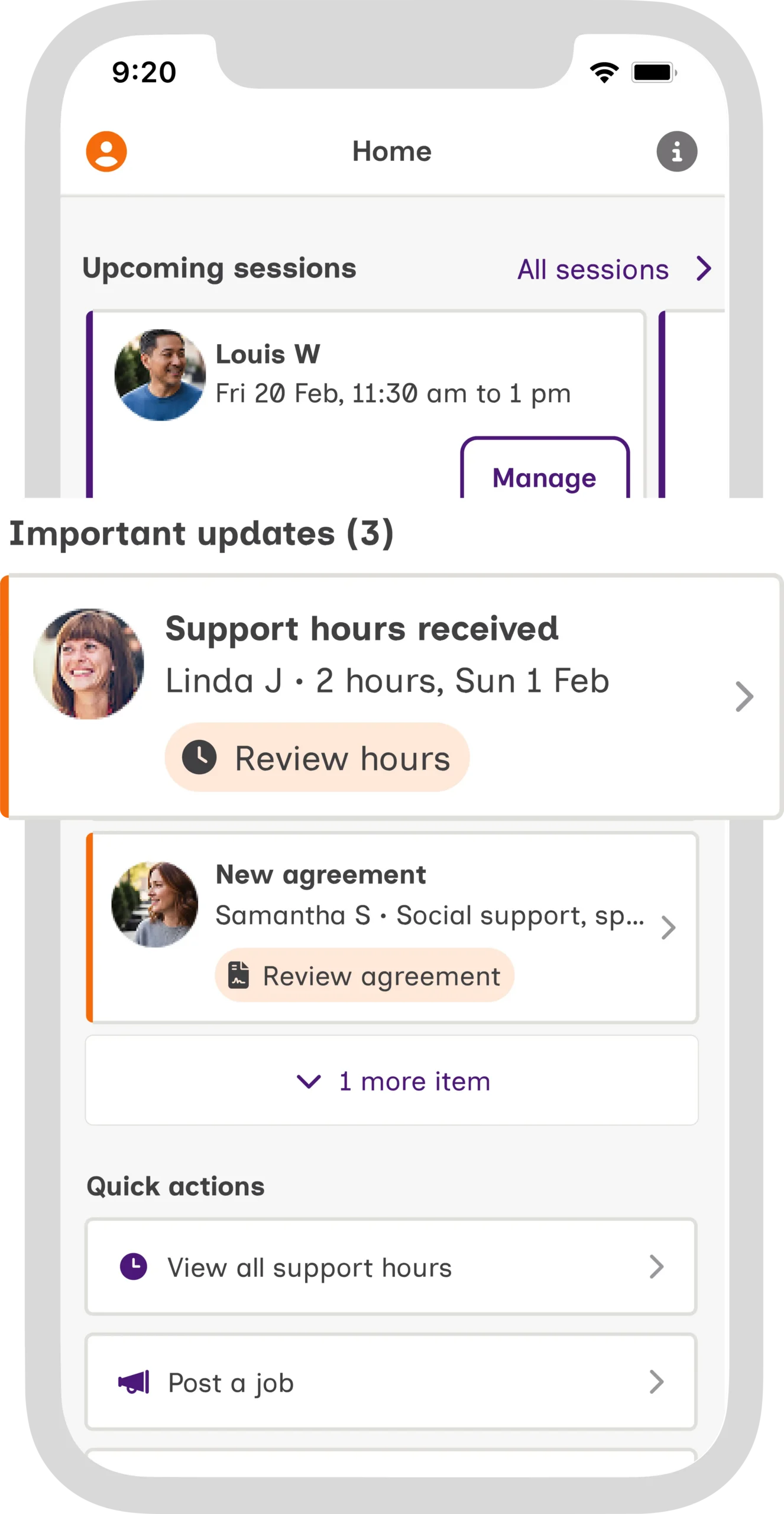 The screenshot of the Mable Client App shows a close up of an important update to review hours for a support session.
