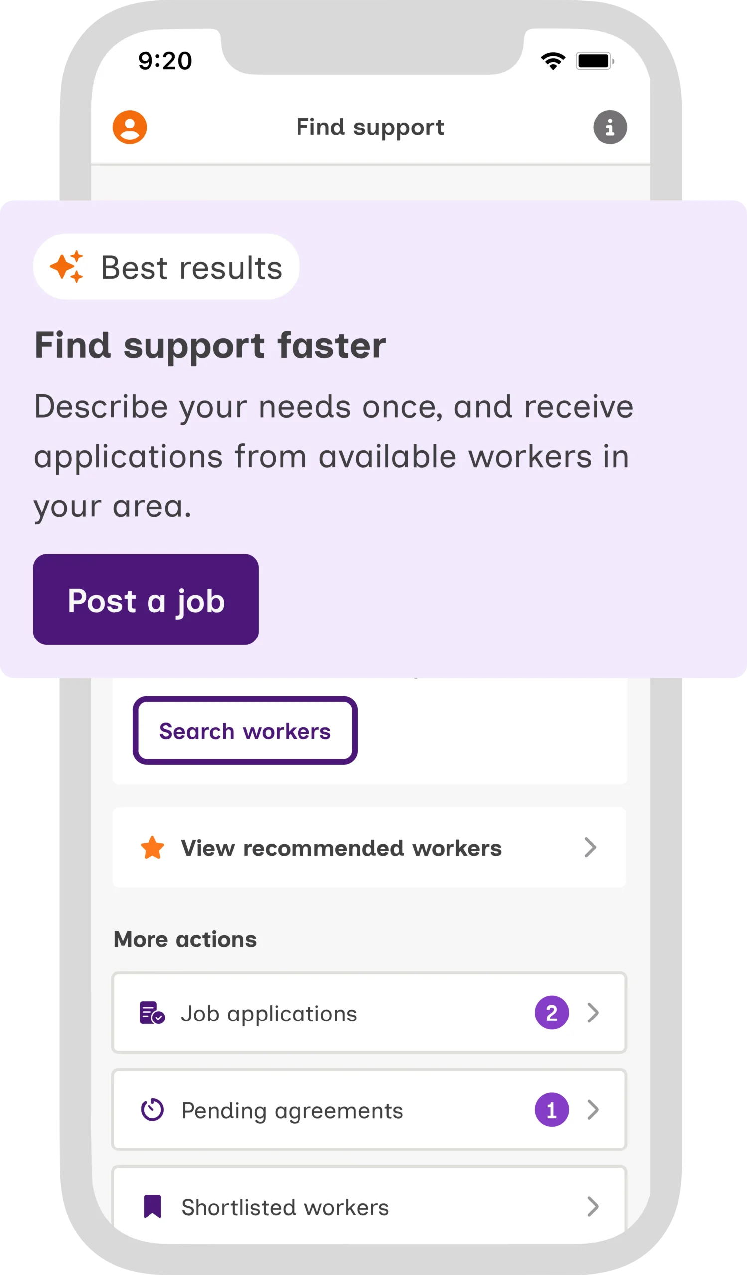 A preview of the Mable Client App shows the "Find support" screen. A text box in front of it has the text "Find support faster. Describe your needs once, and receive applications from available workers in your area."