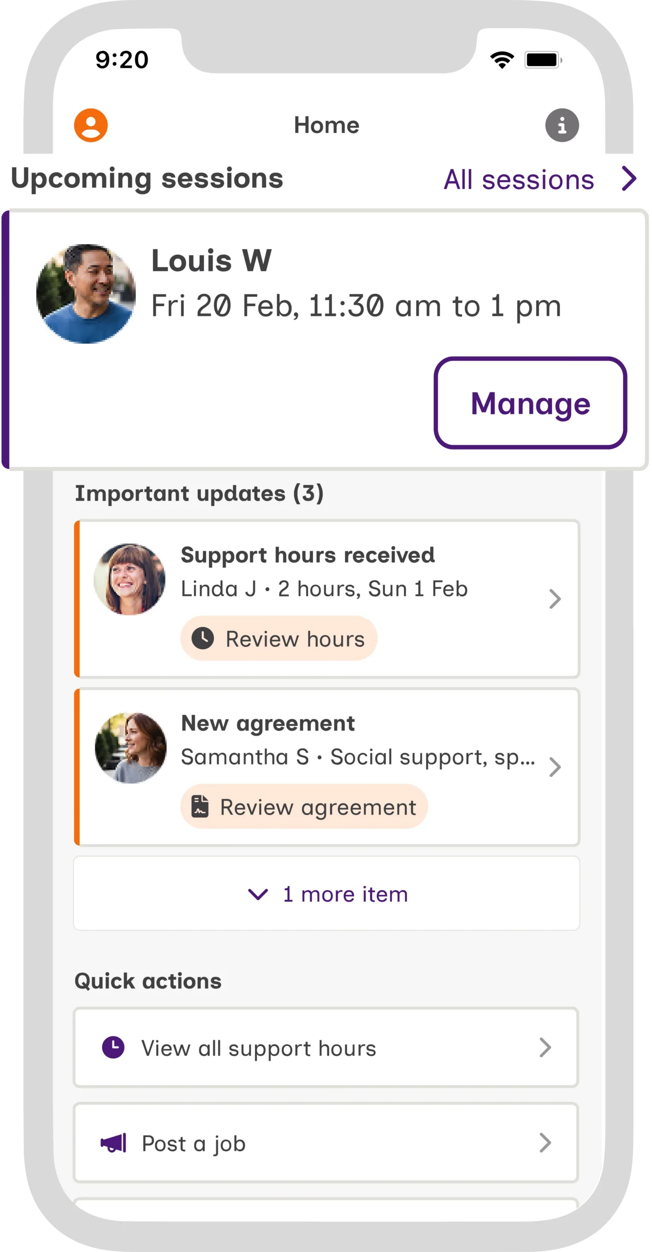 A screenshot of the Mable Client App shows the booking details of a support session.
