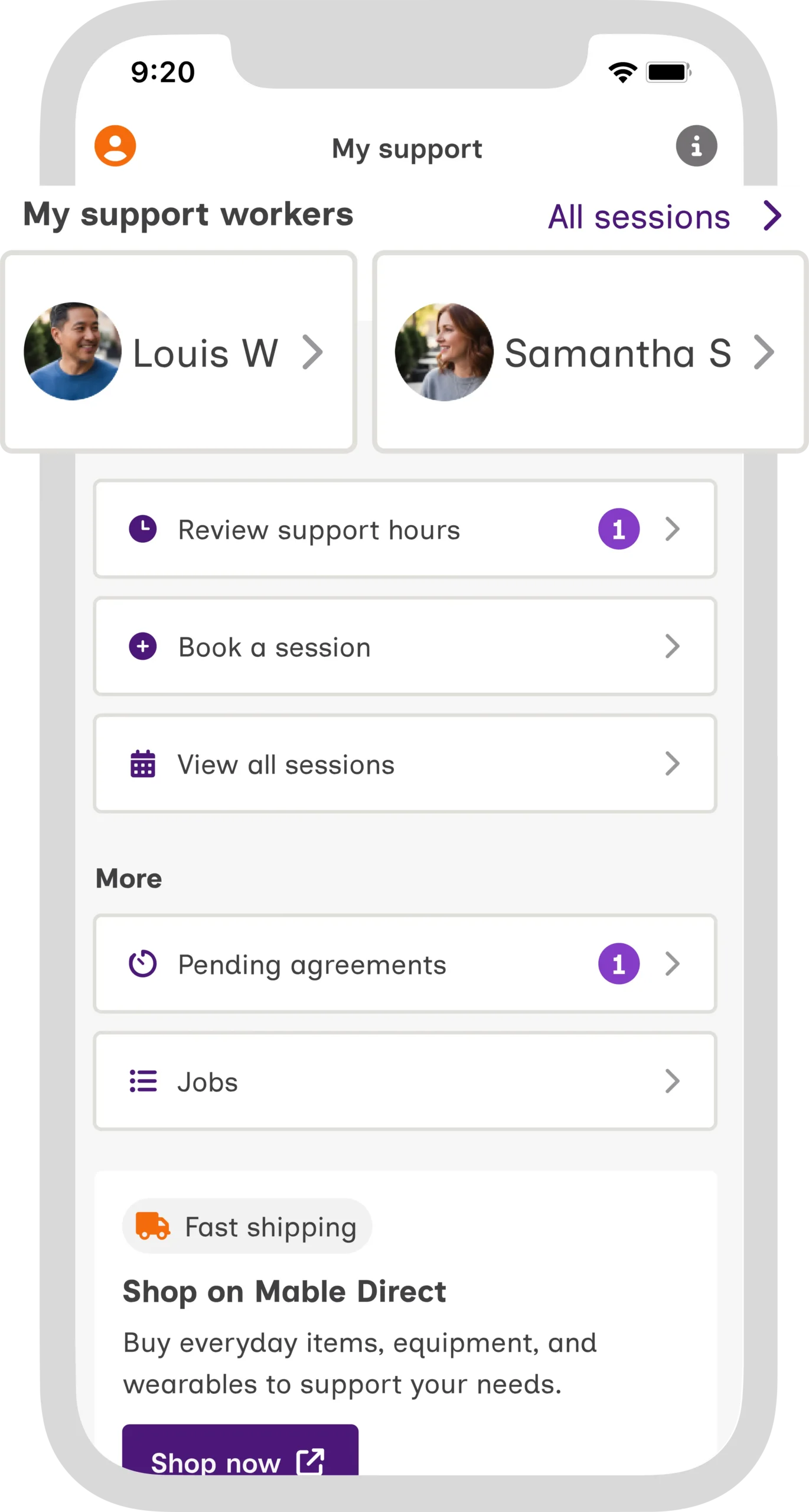 The screenshot of the Mable Client App shows the "My support" screen, where you can see your support team, review support hours, see all pending agreements, and book sessions.
