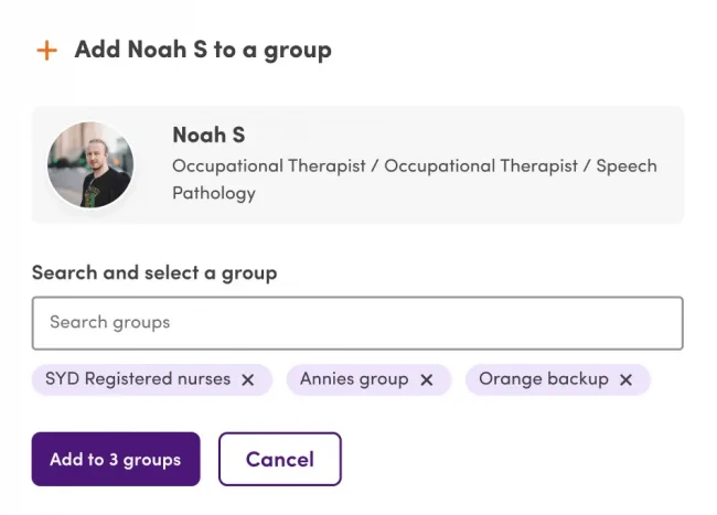 Screenshot of the Mable platform showing the pop-up to add a worker to a group