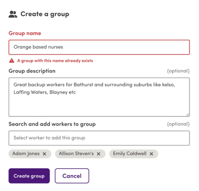 Screenshot of the Mable platform showing the Create a group pop-up