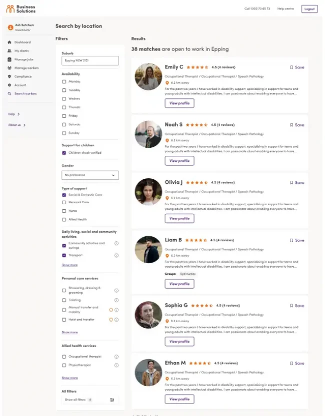 Screenshot of the Mable platform showing the search workers page