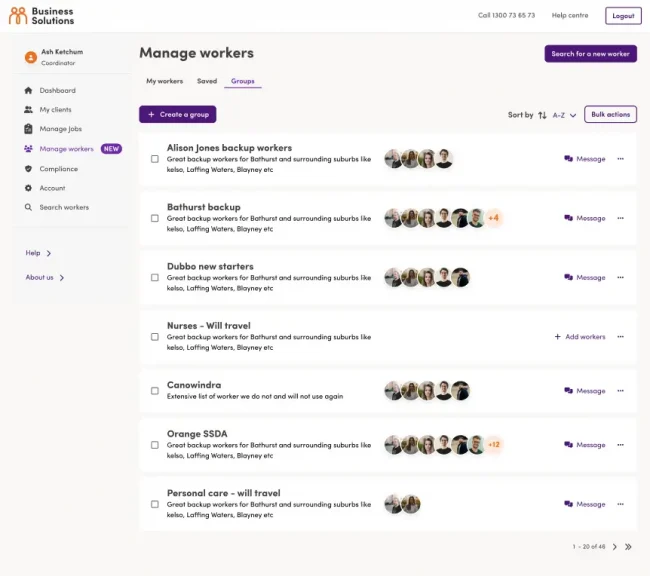 Screenshot of the Mable platform showing Manage Workers feature