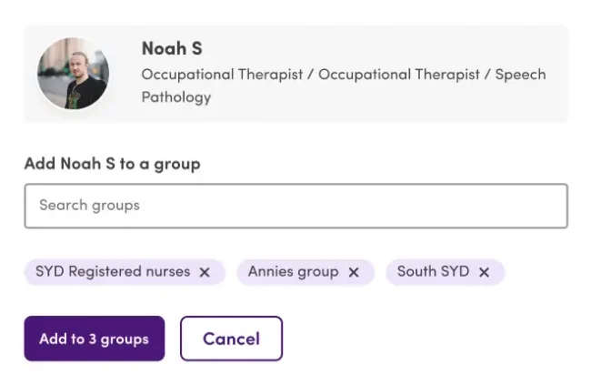 Screenshot of the Mable platform showing the pop-up to add a worker to a group