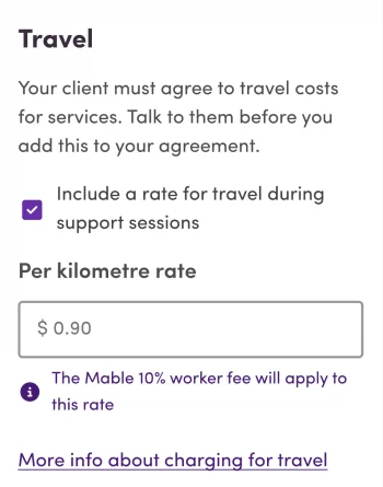 A screenshot of the travel rates screen from the Mable platform